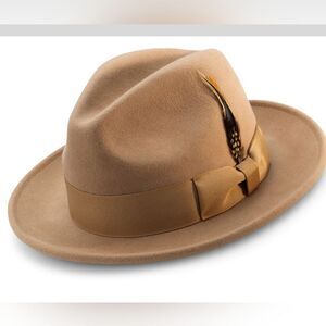 MEN'S MONTIQUE TAN LIGHT FELT 2 1/2" WIDE BRIM PINCH FEDORA HAT. H60